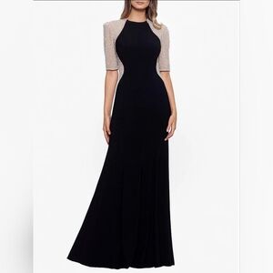 Elegant Black Evening Gown with Embellished Sleeves